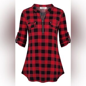 Womens Floral 3/4 Sleeve Shirts Zip up V Neck